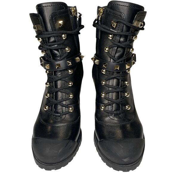 Valentino Garavani Rockstud High-Heel Studded Strap Combat Boots EU 37 Lace Up - Picture 2 of 9